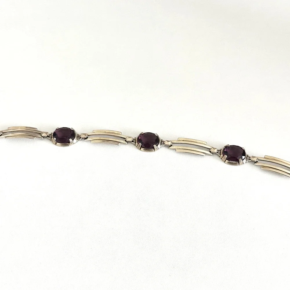 Symmetalic 925 Sterling Silver & 14K Gold Two Tone Purple Faceted Glass Bracelet